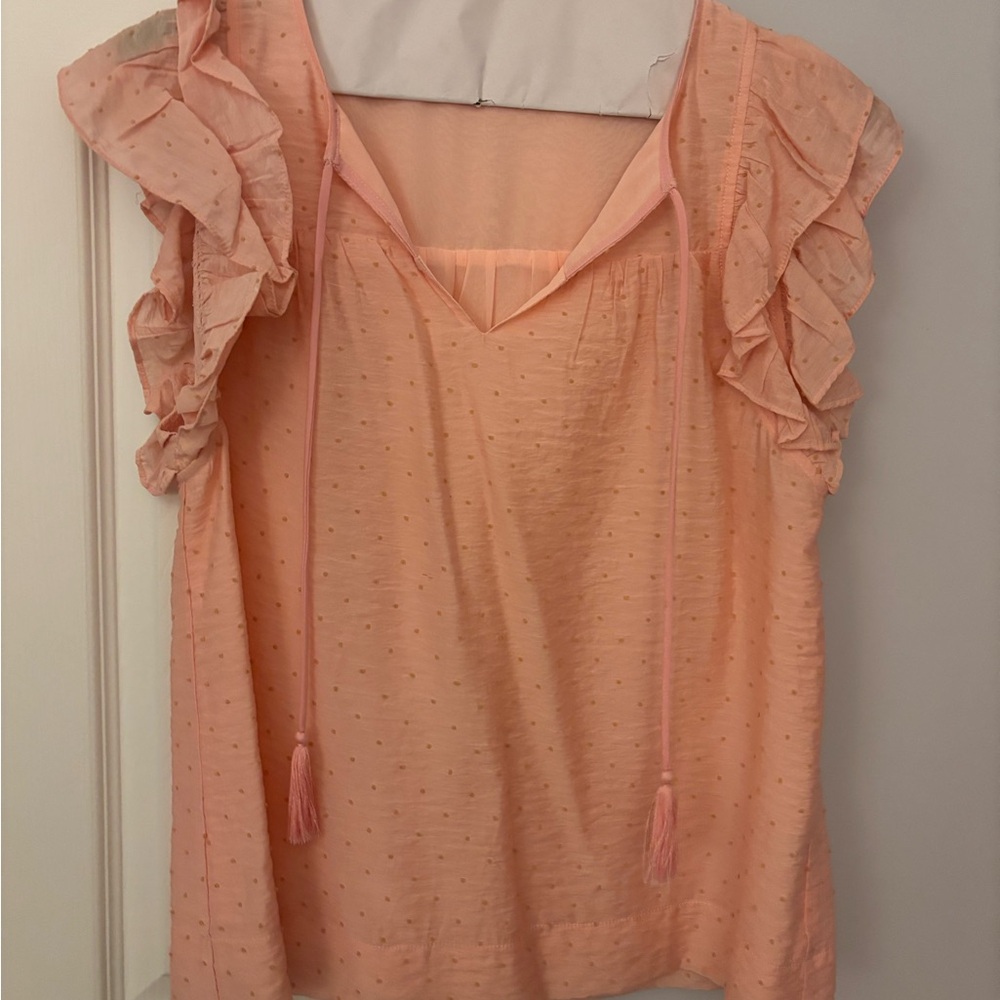 Joy Joy Peach Ruffle Sleeve Tie-Neck Blouse